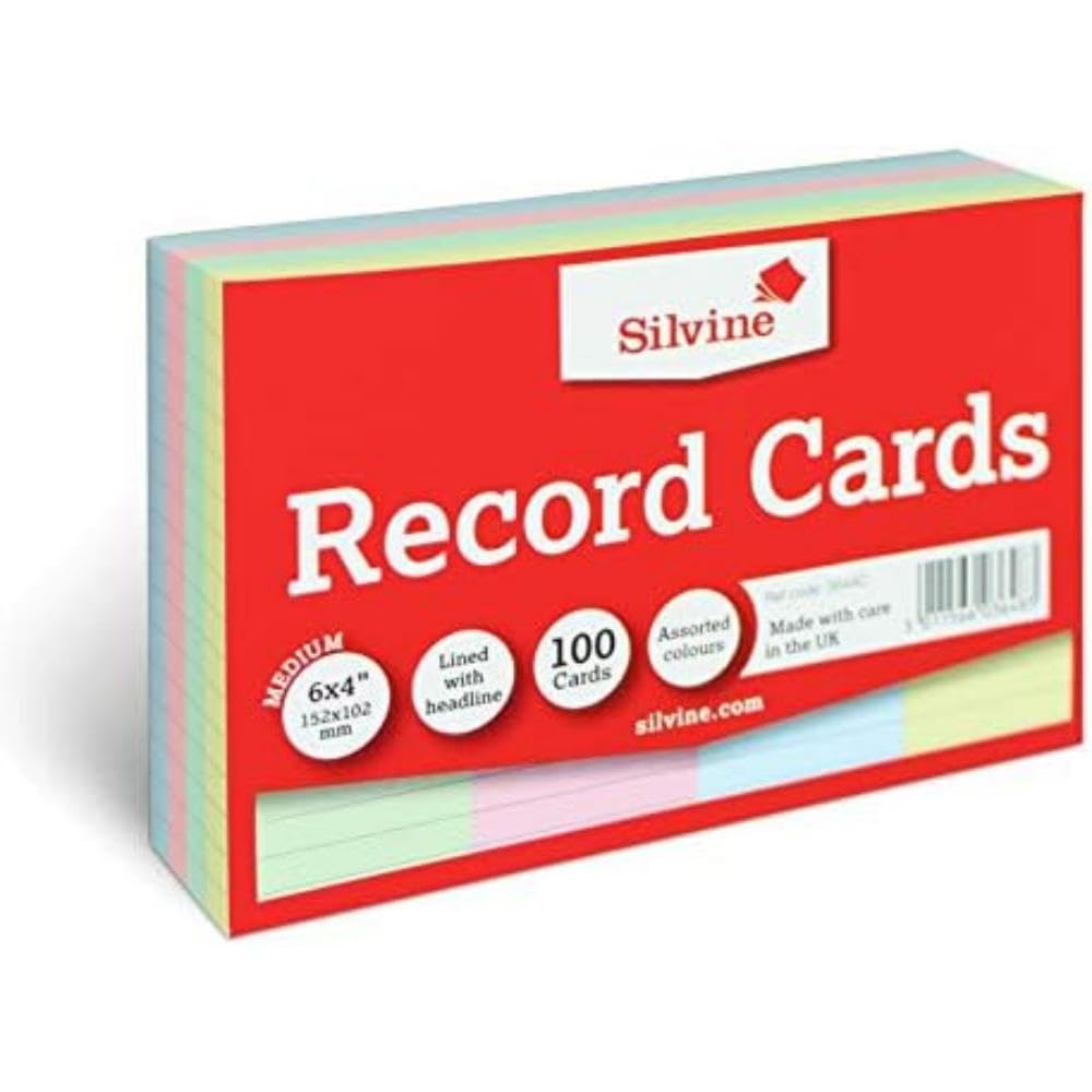 Silvine 6x4" Multi-Coloured Record Cards - Lined with Headline, 100 Cards per Pack. Ref 564AC (152 x 101mm)