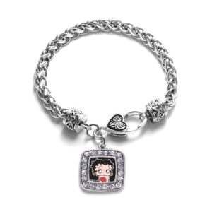 inspired silver - betty boop braided bracelet for women - silver square charm bracelet with cubic zirconia jewelry