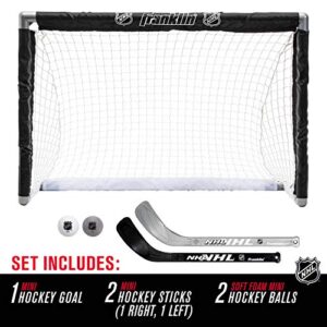 Franklin Sports NHL Youth Mini Hockey Goal + Stick Set - Kids Knee Hockey Goal, Sticks + Foam Mini Balls - (1) Goal, (2) Mini Sticks + (2) Balls Included