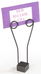 set of 24, dual coil place card holders with square metal base, felt bottom, 6.5"h memo clips for tabletop - black metal