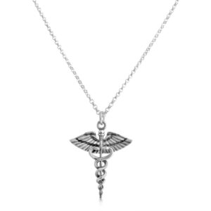 azaggi 925 sterling silver small caduceus symbol of medicine necklace for doctors & nurses (24 inches)