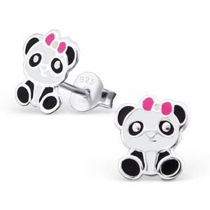 tiny cute panda bear silver earrings white black pink bow 925 stering silver (e19638)