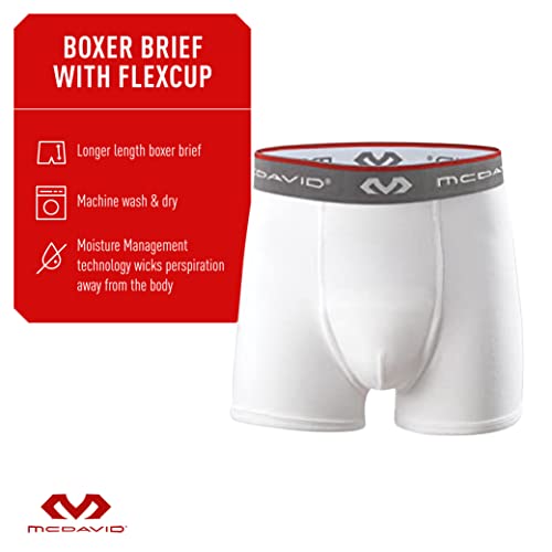 McDavid Boys' Boxer Brief Shorts with FlexCup Athletic Protection, Moisture Wicking & Cooling, White, Youth Large