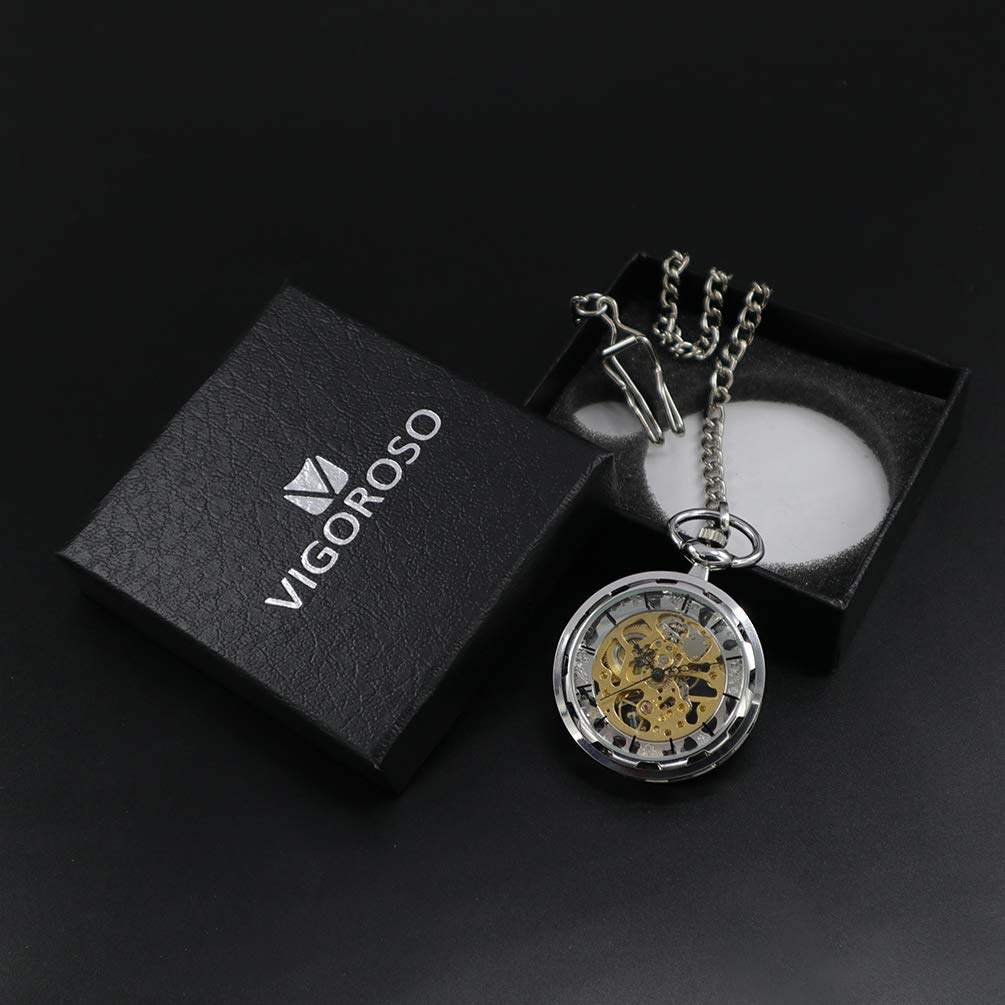 VIGOROSO Mens Classic Steampunk Pocket Watch Gold Skeleton Hand Wind Mechanical Watches in Box