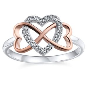 bling jewelry romantic two tone pave cz accent cubic zirconia crossover intertwined infinity& heart promise ring for women rose gold plated .925 sterling silver