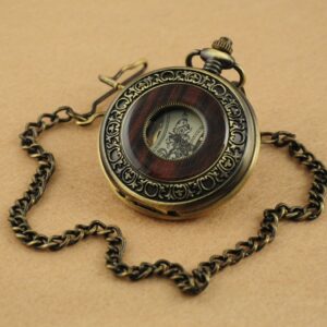 VIGOROSO Men's Hand-Wind Mechanical Pocket Watch Vintage Steampunk Wood Grain Hollow Design with Chain and Box