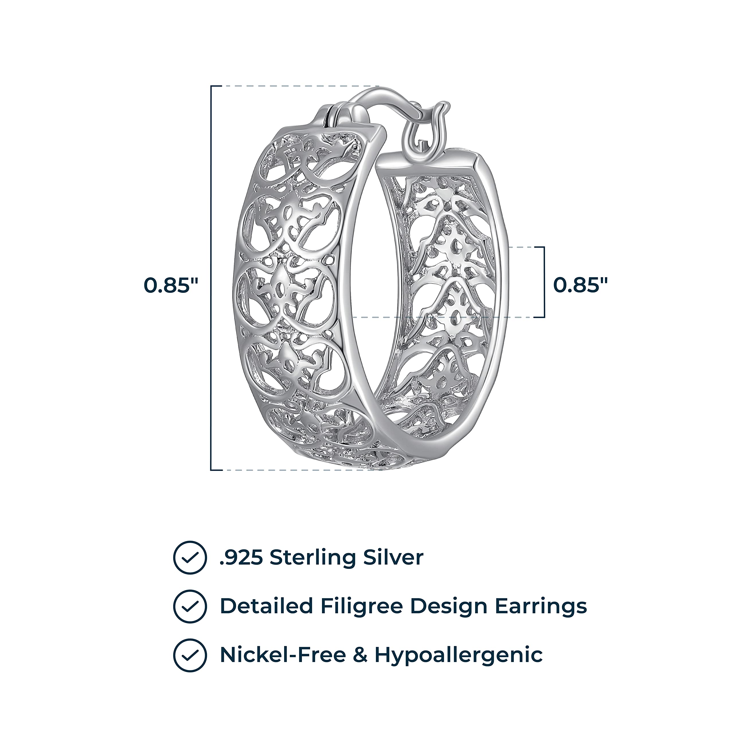 MORGAN & PAIGE Rhodium Plated 925 Sterling Silver Openwork Filigree Round Hoop Earrings for Women