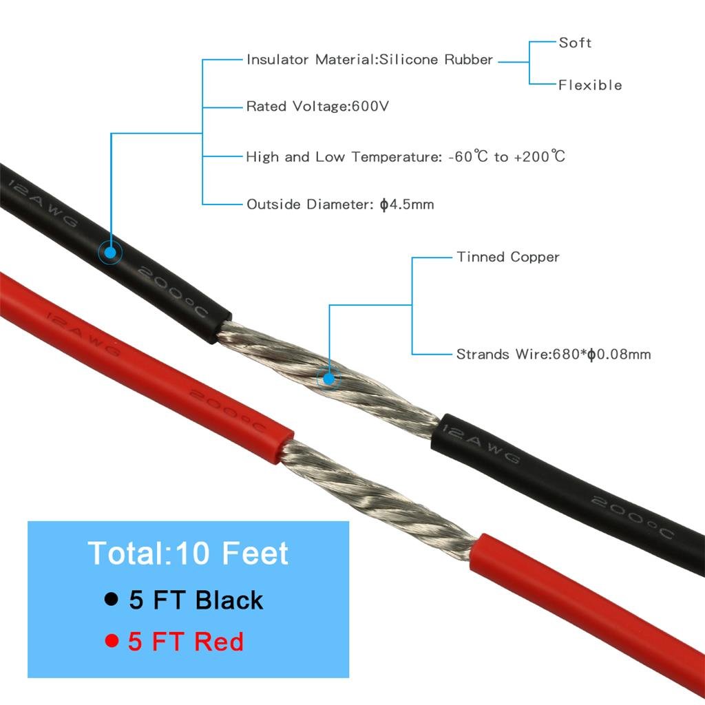 BNTECHGO 12 Gauge Silicone wire 5 ft red and 5 ft black Flexible 12 AWG Stranded Copper Wire