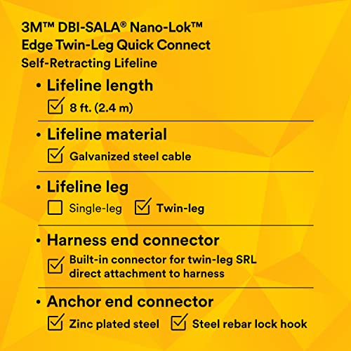 3M DBI-SALA Nano-Lok edge Twin-Leg Quick Connect Fall Protection Self Retracting Lifeline SRL - Cable Construction 3500227, Orange, 8 ft. (2.4 m), 1 EA