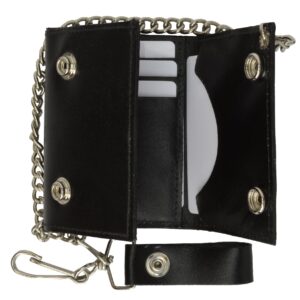 BLACK GENUINE LEATHER Trifold Biker's Wallet ID Card Holder w/Chain Skull