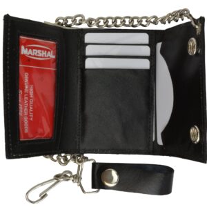 BLACK GENUINE LEATHER Trifold Biker's Wallet ID Card Holder w/Chain Skull