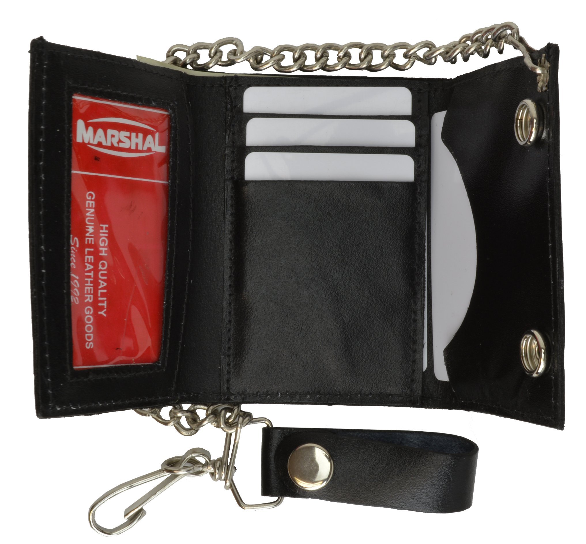 BLACK GENUINE LEATHER Trifold Biker's Wallet ID Card Holder w/Chain Skull