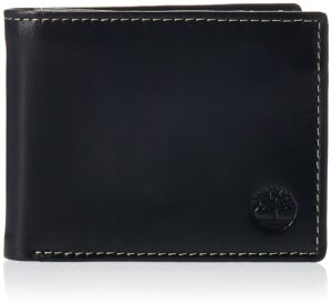 timberland mens leather wallet with attached flip pocket, black (cloudy), one size