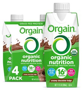 orgain organic nutritional protein shake, creamy chocolate fudge - 16g grass fed whey protein, meal replacement, 20 vitamins & minerals, fruits & vegetables, gluten free, non-gmo, 11 fl oz (4 pack)