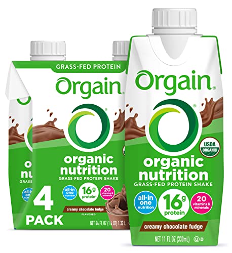 Orgain Organic Nutritional Protein Shake, Creamy Chocolate Fudge - 16g Grass Fed Whey Protein, Meal Replacement, 20 Vitamins & Minerals, Fruits & Vegetables, Gluten Free, Non-GMO, 11 Fl Oz (4 Pack)