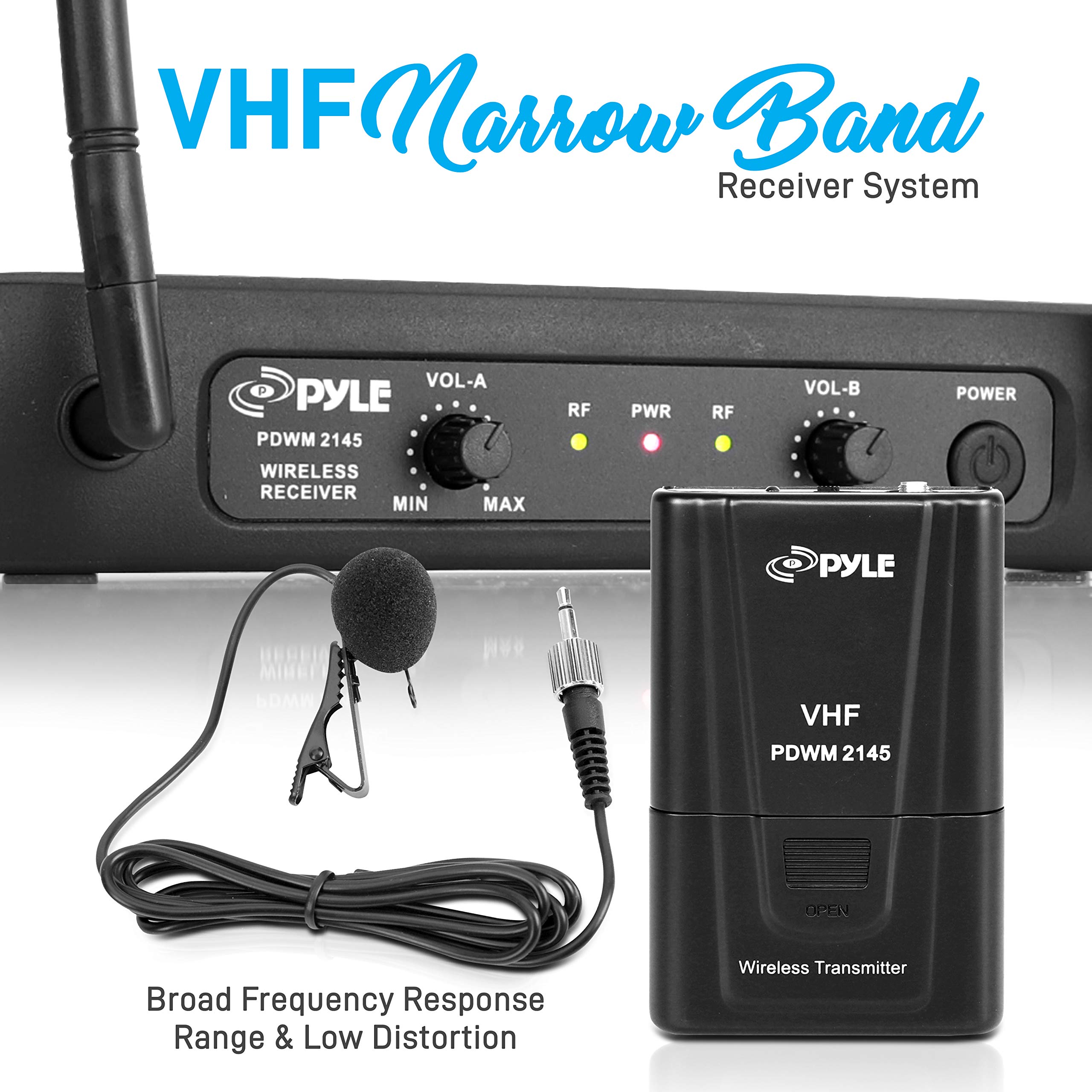 Pyle Dual Channel Wireless Microphone System - VHF Fixed Dual Frequency Wireless Mic Receiver Set with 2 Lavalier, 2 Headset Mics, 2 Transmitter, Receiver - For PA, Karaoke, Dj Party - Pyle PDWM2145