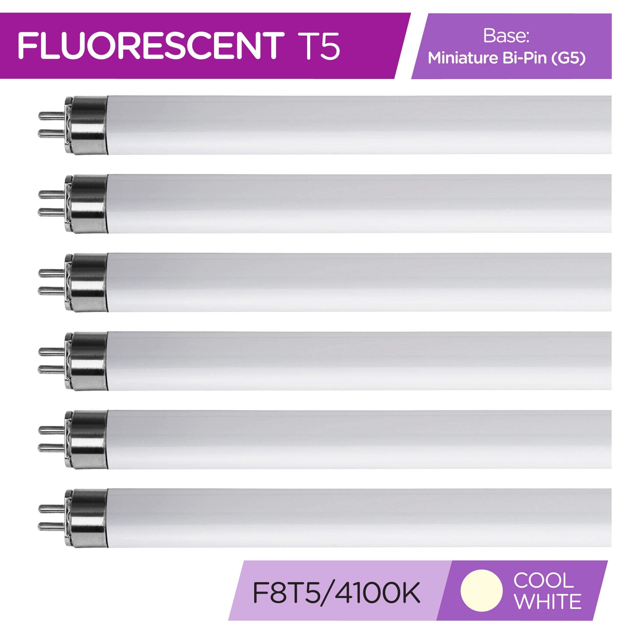 KOR (Pack of 6) F8T5/CW - T5 Fluorescent 4100K Cool White - 8 Watt - 12" Super Long Life Light Bulbs