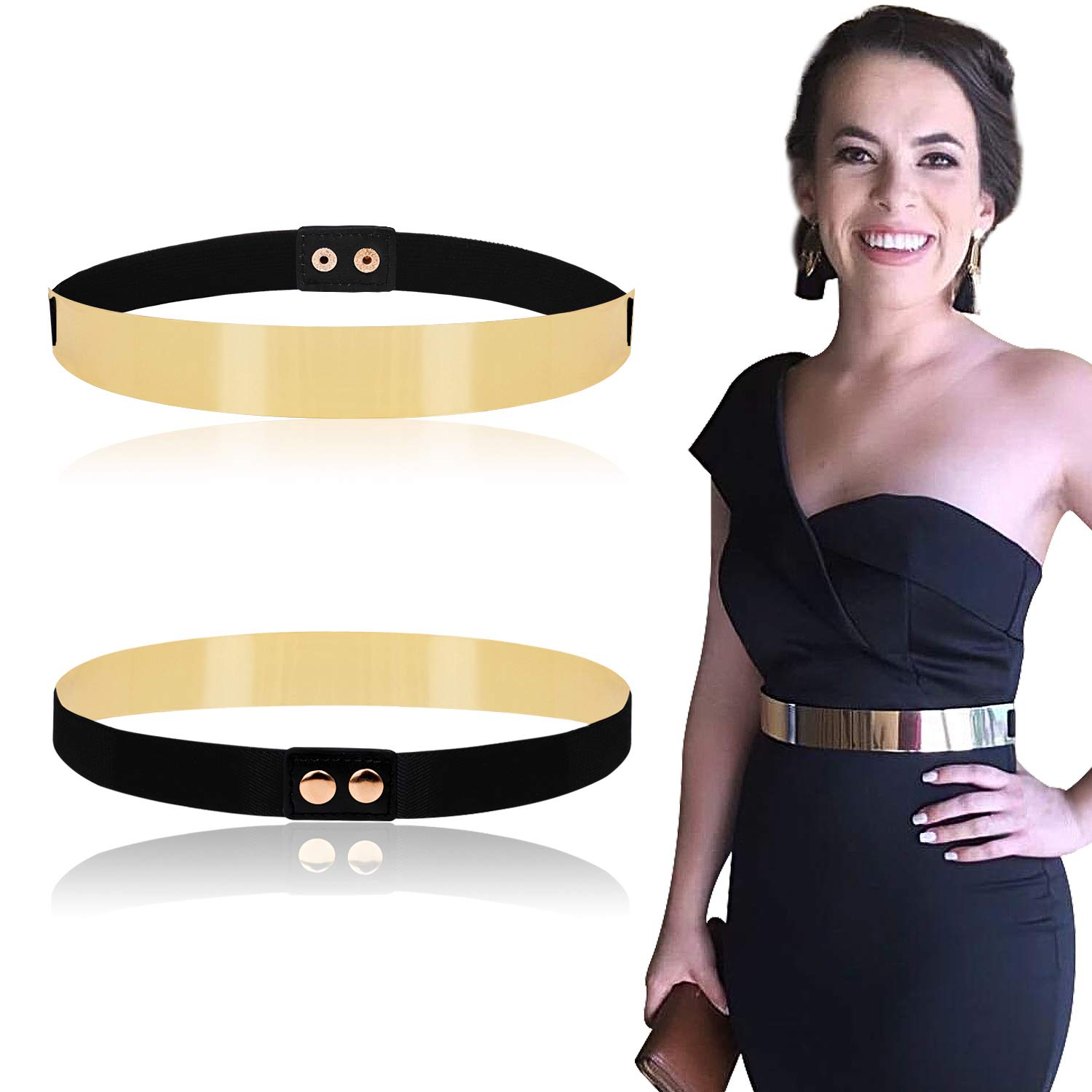 Women Elastic Mirror Metal Waist Belt Metallic Waistband,Golden, One Size