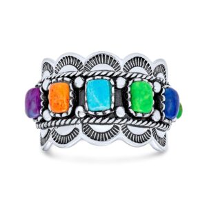 personalize southwest boho western style 5 rectangle multi color genuine gemstones bezel set purple blue green orange statement wide band ring for women oxidized .925 sterling silver customizable