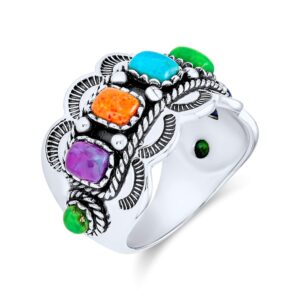 Personalize Southwest Boho Western Style 5 Rectangle Multi Color Genuine Gemstones Bezel Set Purple Blue Green Orange Statement Wide Band Ring For Women Oxidized .925 Sterling Silver Customizable