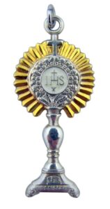 hmhreligiousmfg gold toned and sterling silver two tone monstrance with cross pendant, 1 7/8 inch