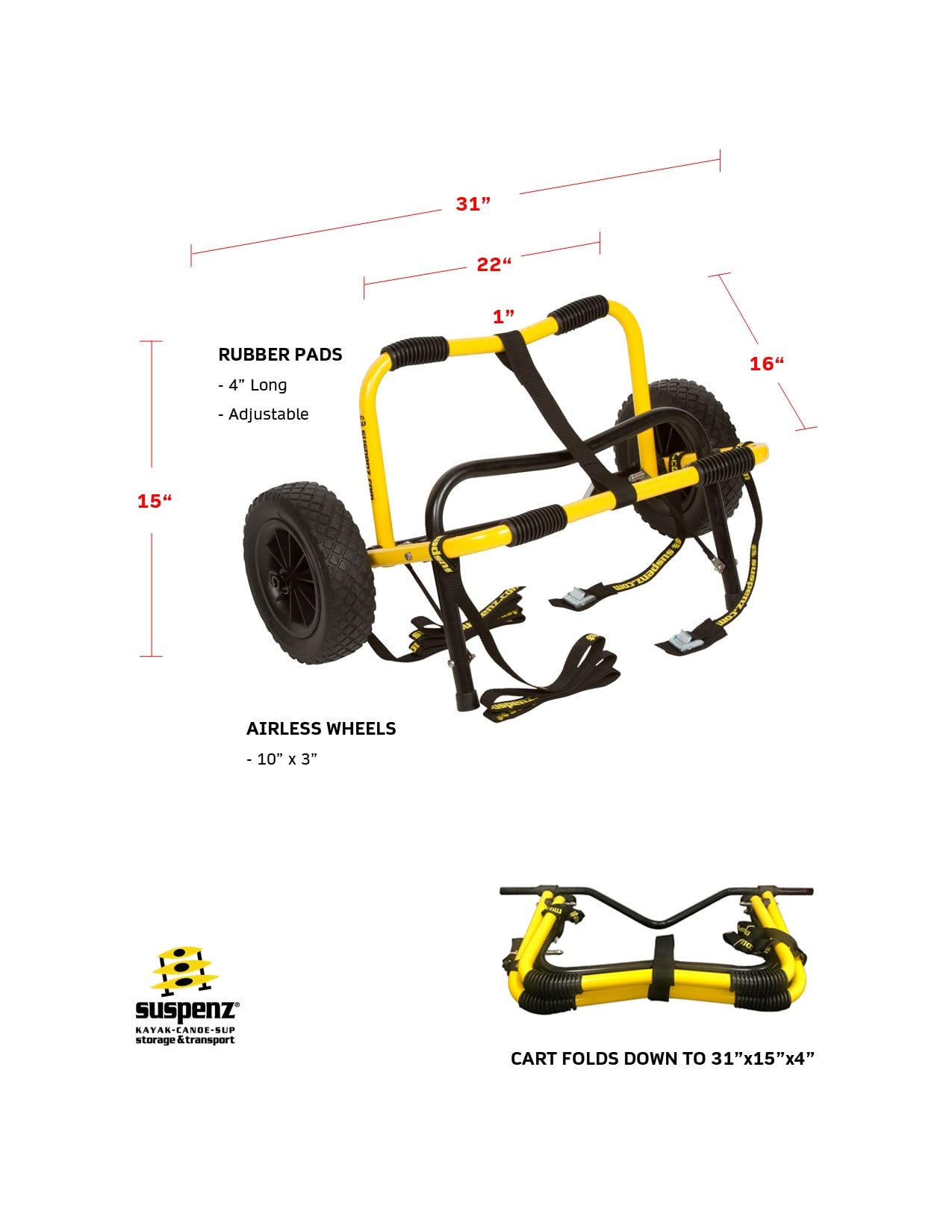 Suspenz Kayak Canoe Trailer Cart, Heavy Duty Kayak Transport Dolly with Airless Wheels, Yellow, 22-6699