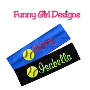 Funny Girl Designs Personalized Embroidered Softball Patch Cotton Stretch Headband Your Custom Colors and Player Name