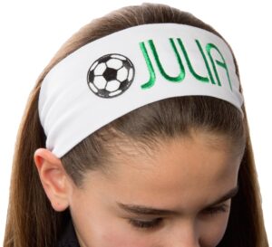 funny girl designs personalized monogrammed embroidered soccer ball patch cotton stretch headband choose your custom colors from charts in this listing