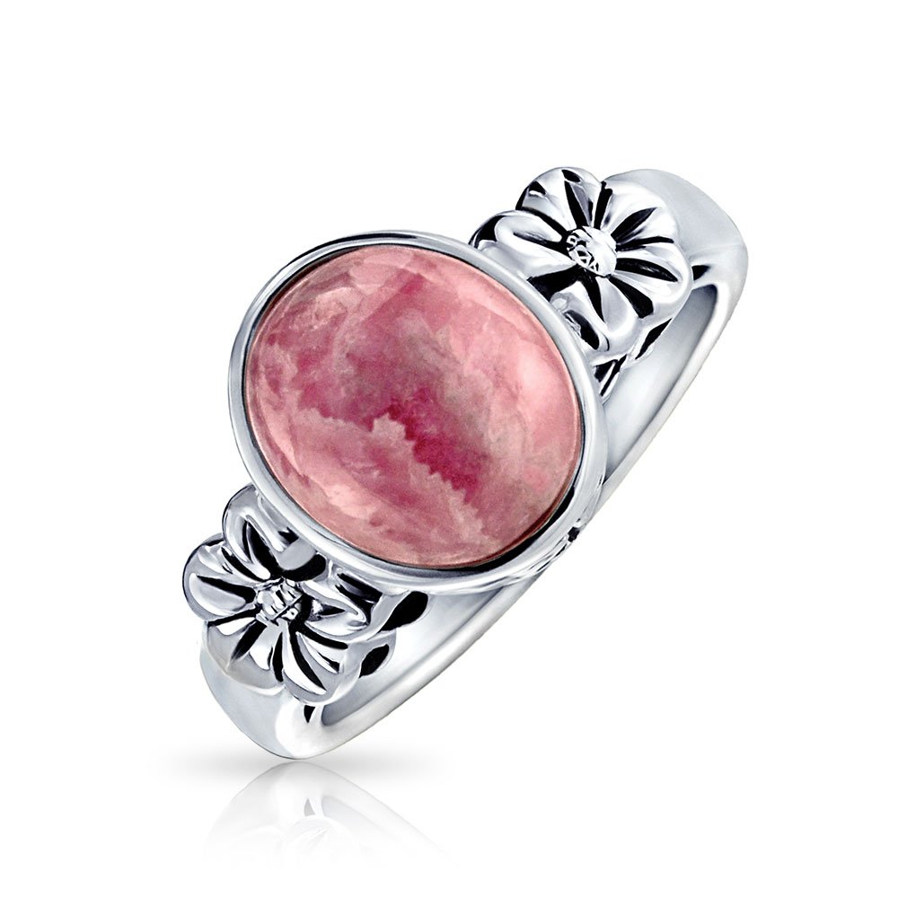 Bling Jewelry Flower Bezel Oval Gemstone Pink Rhodochrosite Boho Fashion Ring Band For Women For Teen .925 Sterling Silver