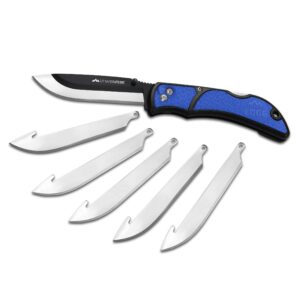 outdoor edge 3.5" razorlite edc knife. pocket knife with replaceable blades and clip. the perfect hunting knife for skinning deer. blue with 6 blades