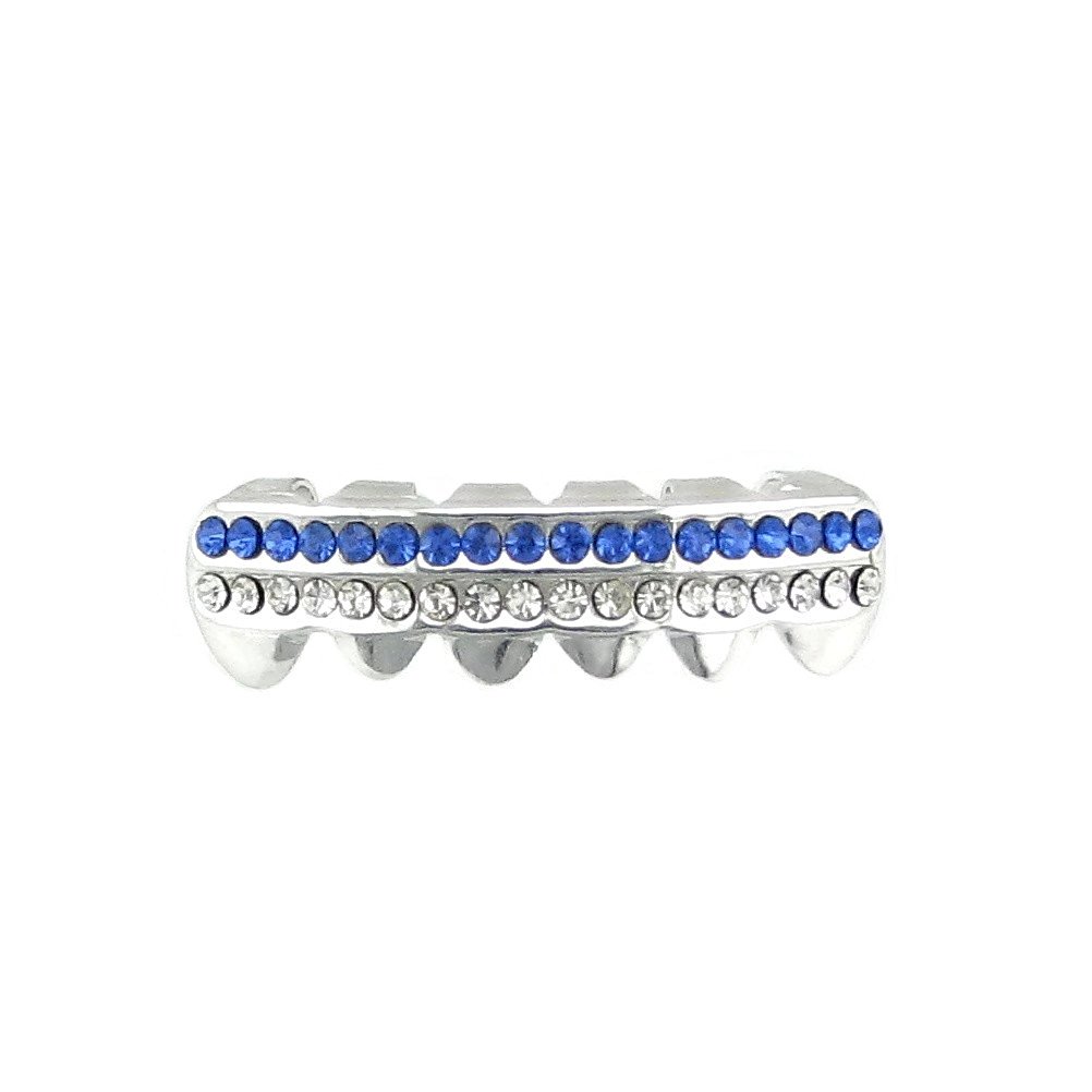 Grillz Blue Row Bottom Teeth Iced Small Lower Silver Tone Two Lines Hip Hop Grills