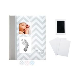 pearhead baby memory book, first 5 years baby milestone book, pregnancy journal, newborn baby girl or baby boy keepsake, with clean-touch ink pad for baby's handprint or footprint, gray chevron