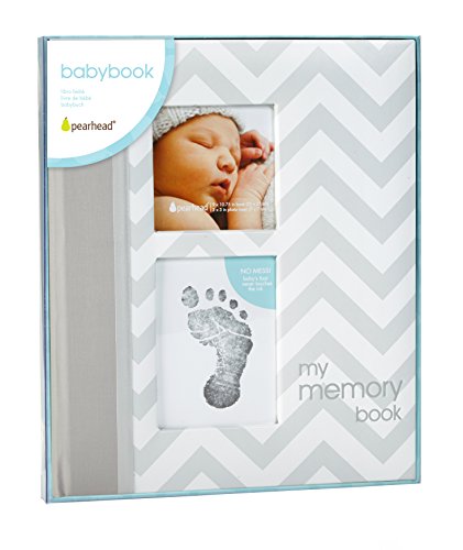 Pearhead Baby Memory Book, First 5 Years Baby Milestone Book, Pregnancy Journal, Newborn Baby Girl or Baby Boy Keepsake, With Clean-Touch Ink Pad For Baby's Handprint or Footprint, Gray Chevron