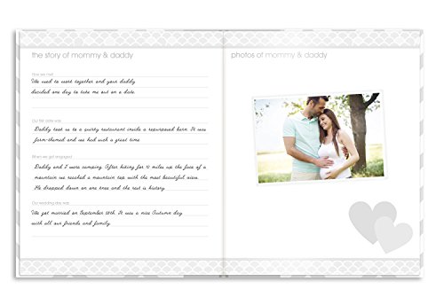 Pearhead Baby Memory Book, First 5 Years Baby Milestone Book, Pregnancy Journal, Newborn Baby Girl or Baby Boy Keepsake, With Clean-Touch Ink Pad For Baby's Handprint or Footprint, Gray Chevron