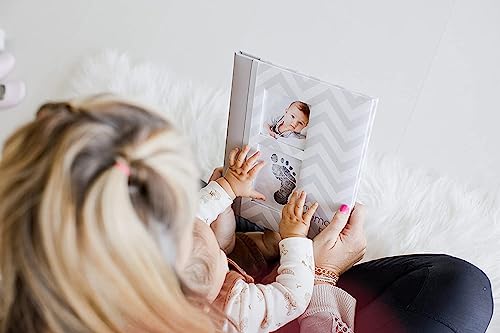 Pearhead Baby Memory Book, First 5 Years Baby Milestone Book, Pregnancy Journal, Newborn Baby Girl or Baby Boy Keepsake, With Clean-Touch Ink Pad For Baby's Handprint or Footprint, Gray Chevron