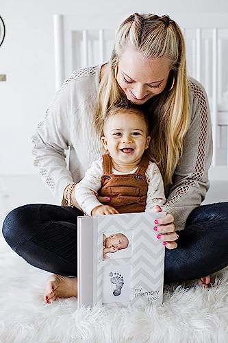 Pearhead Baby Memory Book, First 5 Years Baby Milestone Book, Pregnancy Journal, Newborn Baby Girl or Baby Boy Keepsake, With Clean-Touch Ink Pad For Baby's Handprint or Footprint, Gray Chevron