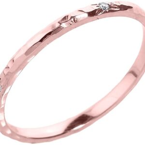 10K Rose Gold Diamond Accented Hammered Stackable Slender Ring with Starburst Engraved Flush Set Gems (J-K Color, I1-I2 Clarity) - Size 6