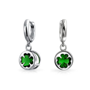 luck of the irish celtic st patricks day shamrock four leaf emerald green cz clover drop dangle earrings for women graduation .925 sterling silver lever back