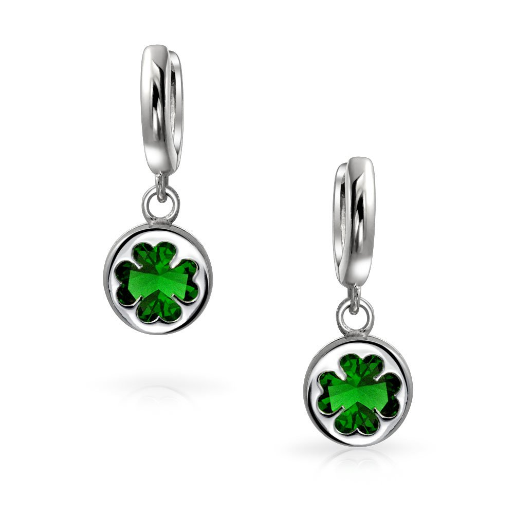 Luck of the Irish Celtic St Patricks Day Shamrock Four Leaf Emerald Green CZ Clover Drop Dangle Earrings For Women Graduation .925 Sterling Silver Lever back