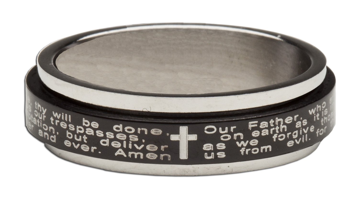 H. J. Sherman Lords Prayer with Cross Black & Silver Stainless Steel Spinner 1/8" Ring (6)