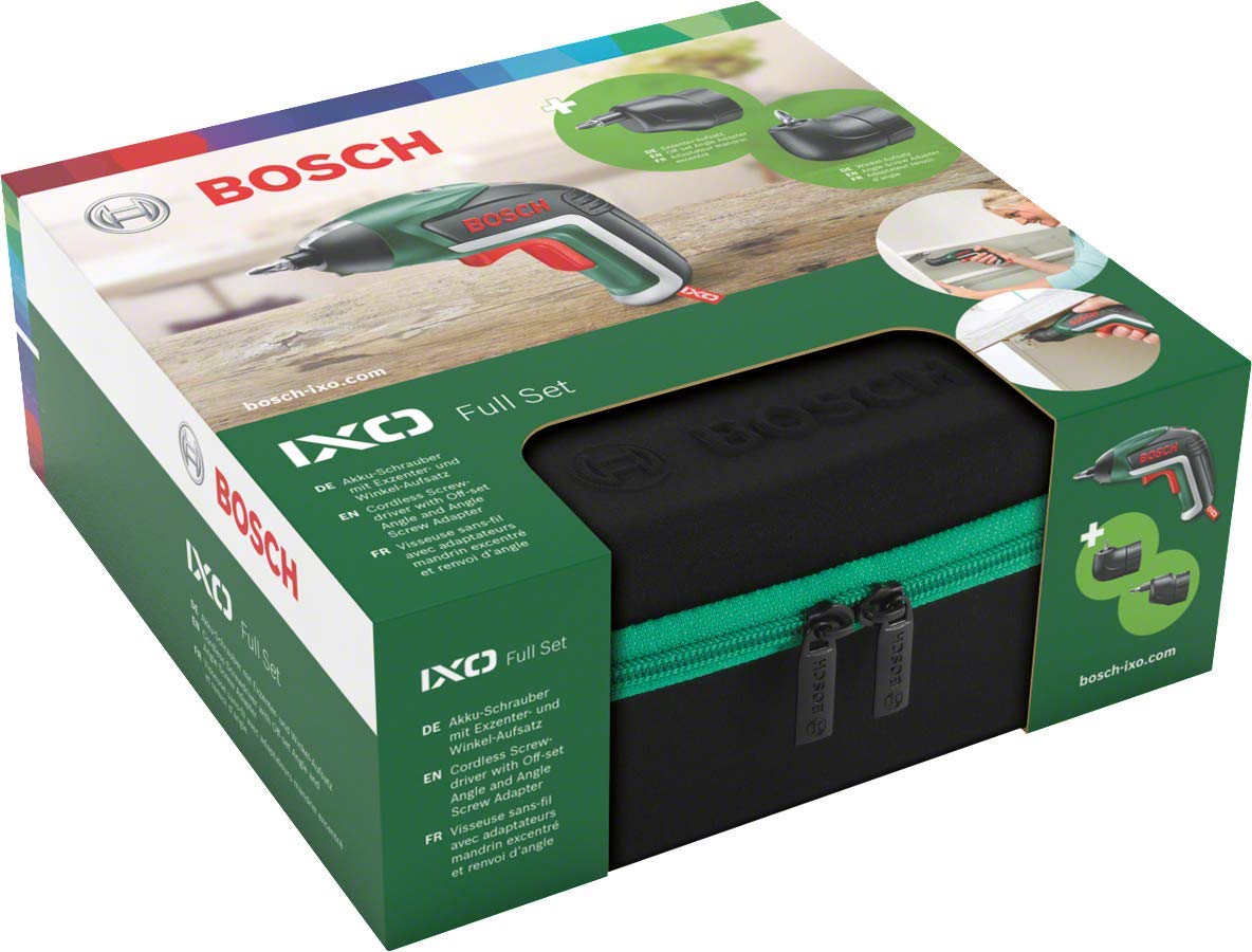 Bosch Home and Garden IXO Battery Screwdriver Set Angle and Eccentric Accessories, 10 Bits, USB Charger, Foam Case, 3.6 V, 1.5 Ah, Black, Green, Red