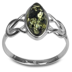 Green Amber Sterling Silver Celtic Thin Ring , Size 9