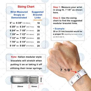 Dolceoro SB-003, Raised Heart Italian Modular Starter Charm Bracelet, 9mm wide Stainless Steel, 18 Links for wrist 6-6 3/8"