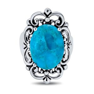 personalize western jewelry boho vintage style large gemstone filigree oval cabochon armor full finger statement blue turquoise ring for women oxidized .925 sterling silver customizable