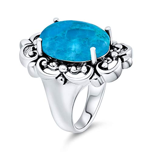 Personalize Western Jewelry Boho Vintage Style Large Gemstone Filigree Oval Cabochon Armor Full Finger Statement Blue Turquoise Ring For Women Oxidized .925 Sterling Silver Customizable