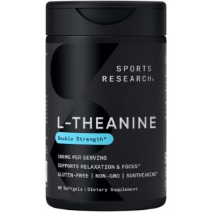 sports research double strength l-theanine supplement - suntheanine softgels for focus, relaxation & alertness - non-drowsy support made with coconut oil, non-gmo & gluten free - 200mg, 60 count