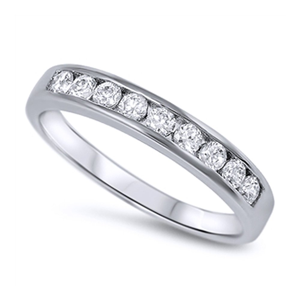 DoubleAccent Sterling Silver Round CZ Channel Set Half Eternity Ring Band Anniversary Ring 4MM (Size 3 to 12), 4