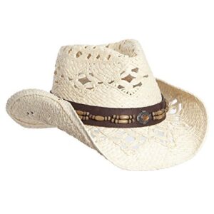 vamuss straw cowboy hat w/vegan leather band & beads, shapeable brim (natural ivory)