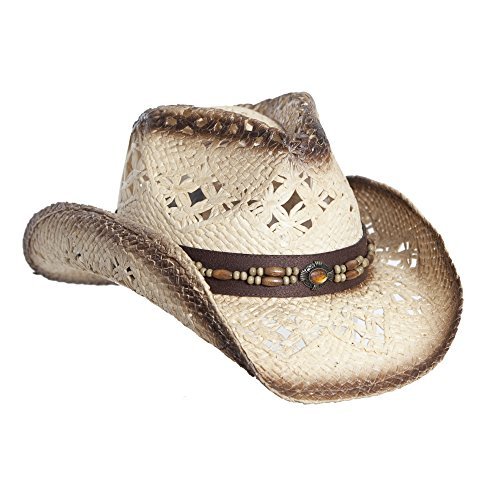 Vamuss Straw Cowboy Hat W/Vegan Leather Band & Beads, Shapeable Brim (Tea Stain)