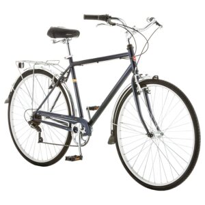 schwinn wayfarer adult hybrid bike, mens and womens, 18-inch/medium steel step-over frame, 7-speed drivetrain, rear rack, 700c wheels, blue